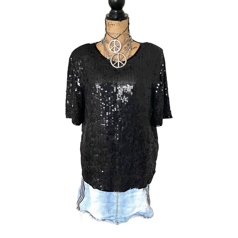 NWT - VINTAGE - 100% silk women Glam Boho black sequins short sleeves top MEDIUM
